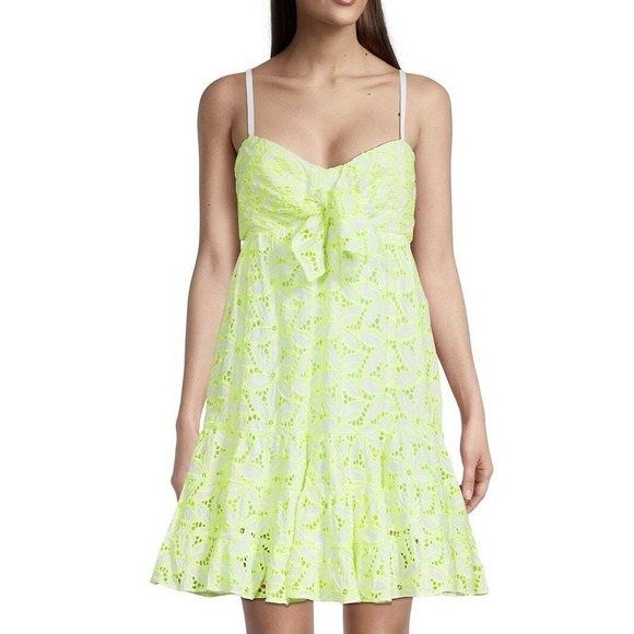 $185 Lilly Pulitzer Briana Bright Neon Eyelet Bow Tiered Mini Dress Size 12